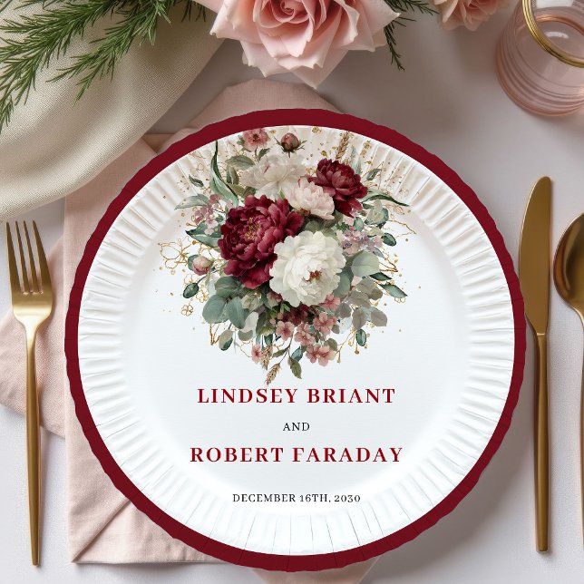 Platos de Boda Florales Burgundy Boho Hermosos (Beautiful Boho Burgundy Floral Wedding Plates)