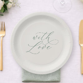 Platos de boda verde salvia con amor