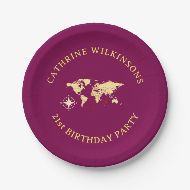 Platos de cumpleaños 21 con mapa mundial de Aventu (Anverso)