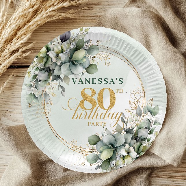 Platos de cumpleaños 80 de follaje botánico verde  (Dusty Green Botanical Foliage 80th Birthday Plates)