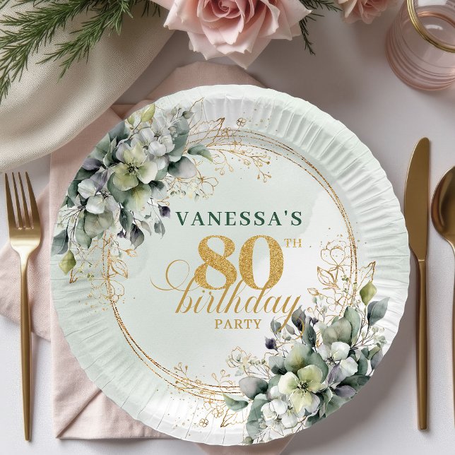 Platos de cumpleaños 80 de follaje botánico verde  (Dusty Green Botanical Foliage 80th Birthday Plates)
