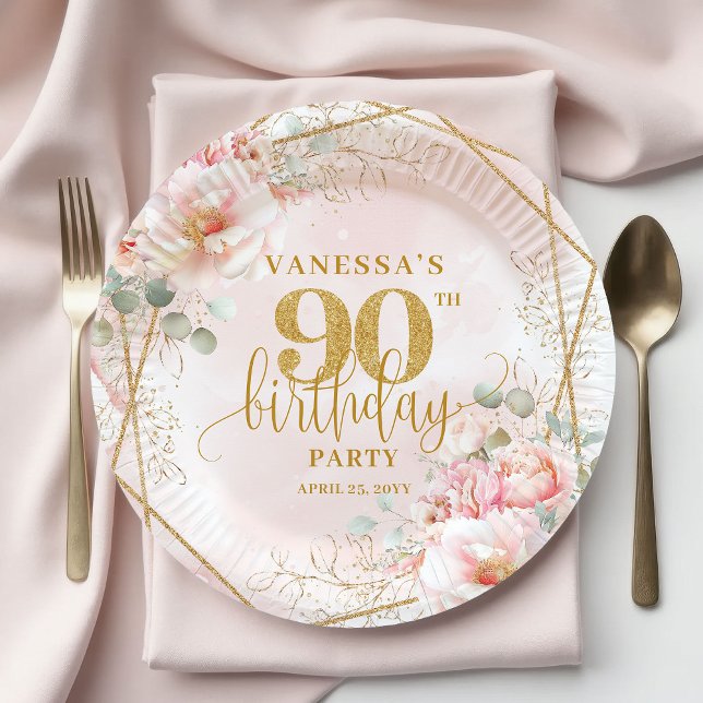 Platos de cumpleaños 90 elegantes Blush Floral Gol (Blush Floral Gold Frame Stylish 90th Birthday Plates)