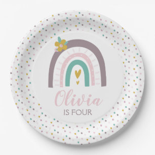 platos de cumpleaños con arcoíris y flores