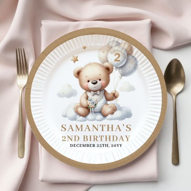 Platos de cumpleaños de 2 años Tema de fiesta de o (2ND Birthday Plates Gold Teddy Bear Party Theme)