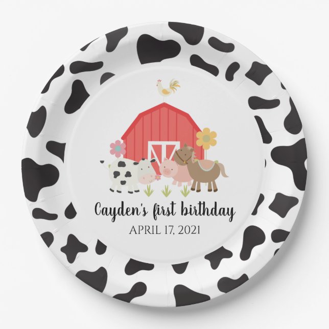 Platos de cumpleaños de animales de granja con est (Anverso)