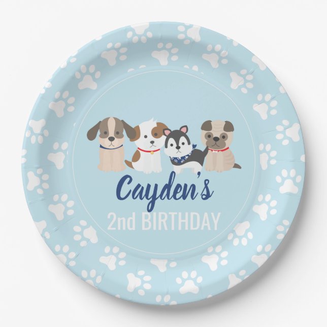 Platos de cumpleaños de cachorro con huellas de pa (Anverso)