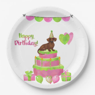 Platos de cumpleaños de Dachshund rosa y verde