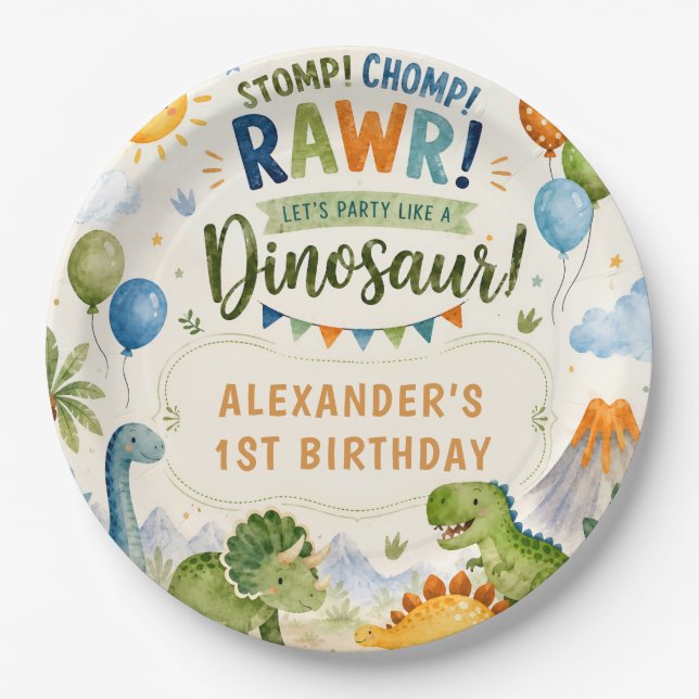 Platos de Cumpleaños de Dinosaurio para Niños (Anverso)