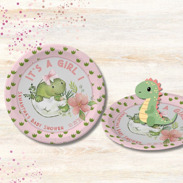 Platos de Cumpleaños de Dinosaurio Rompiendo con L (Hatching Dino with Pink Bow Baby Shower Plates)