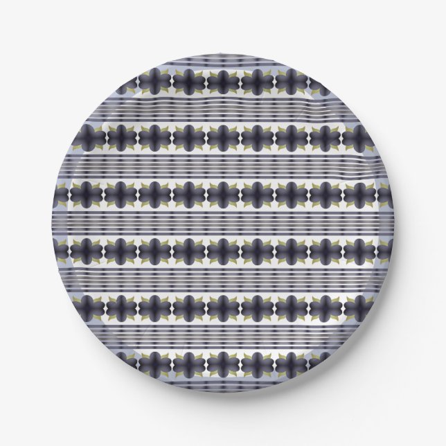 Platos de cumpleaños de flores de franja gris azul (Anverso)