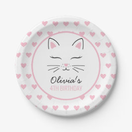 Platos de cumpleaños de gatito con corazones rosas