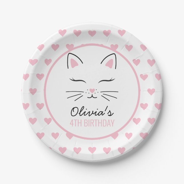 Platos de cumpleaños de gatito con corazones rosas (Anverso)