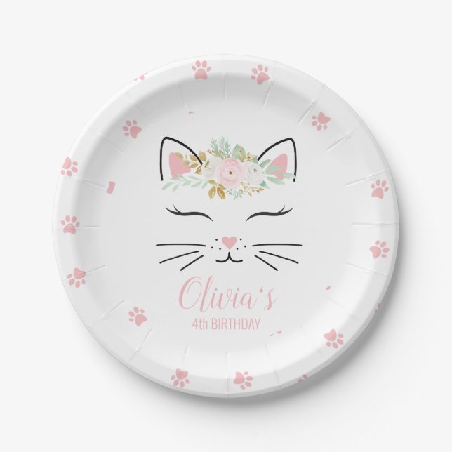 Platos de cumpleaños de gatito floral cara de gati (Anverso)