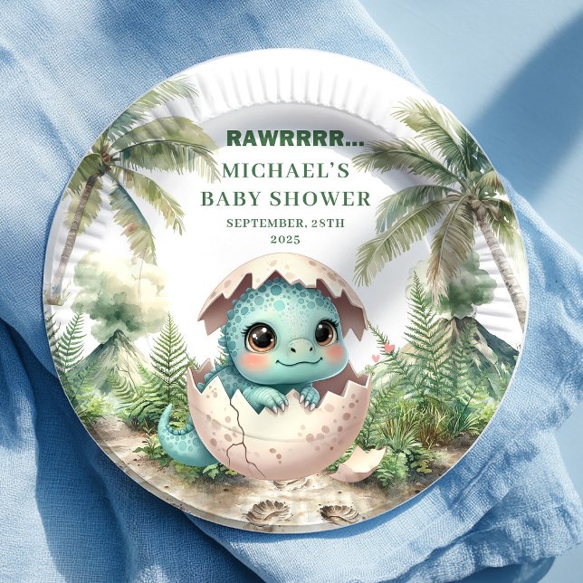 Platos de Cumpleaños de Huevo de Dinosaurio Adorab (Cute Dino Egg Baby Shower Hatching Soon Plates)