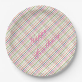 Platos de cumpleaños de papel a cuadros rosa