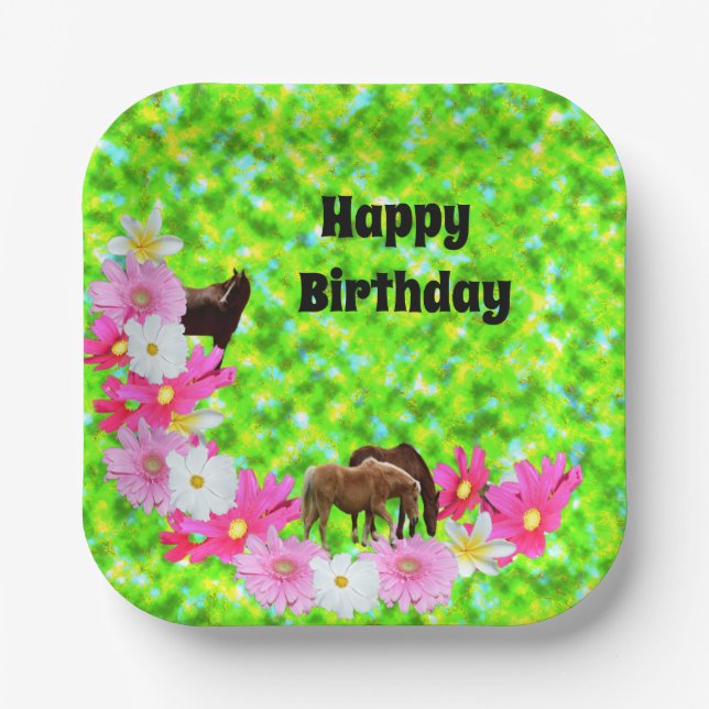 Platos de Cumpleaños de Papel Caballos y Flores (Anverso)
