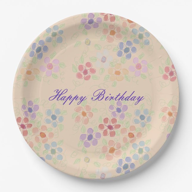 Platos de cumpleaños de papel con flores pastel bo (Anverso)