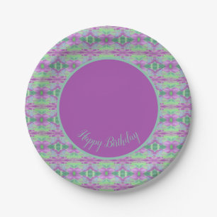 Platos de cumpleaños de papel verde lima y púrpura