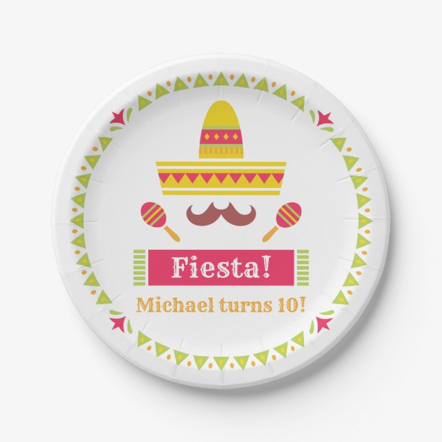Platos de Cumpleaños Fiesta Sombrero Bigote Maraca (Anverso)