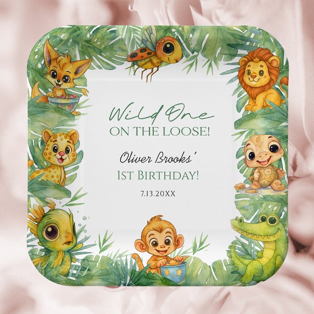 Platos de cumpleaños número 1 de acuarela Wild One (Watercolor Wild One Jungle 1st Birthday Plates)