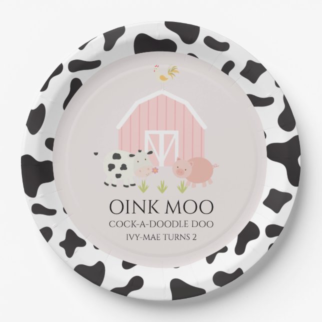 Platos de cumpleaños rosados con estampado de vaca (Anverso)