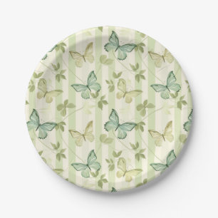 Platos de cumpleaños verdes con rayas y mariposas