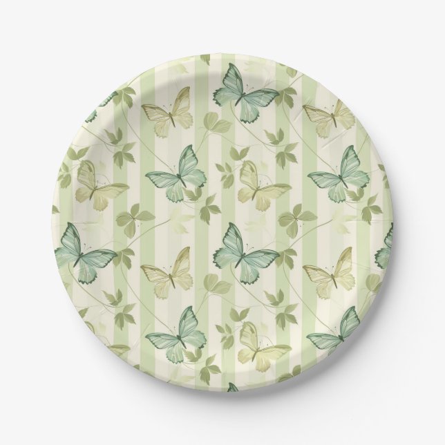 Platos de cumpleaños verdes con rayas y mariposas (Anverso)