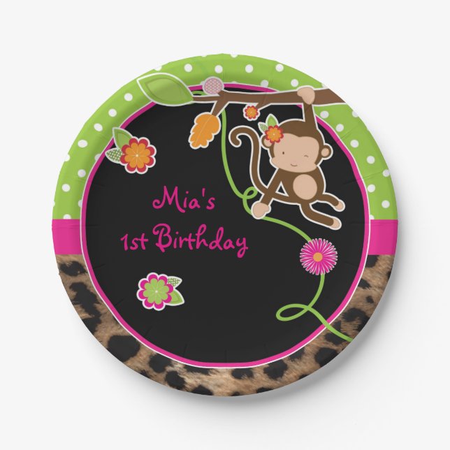 Platos de fiesta Chic Safari Jungle Monkey chica (Anverso)