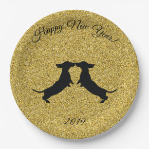 Platos de fiesta de año nuevo feliz Dachshund bril