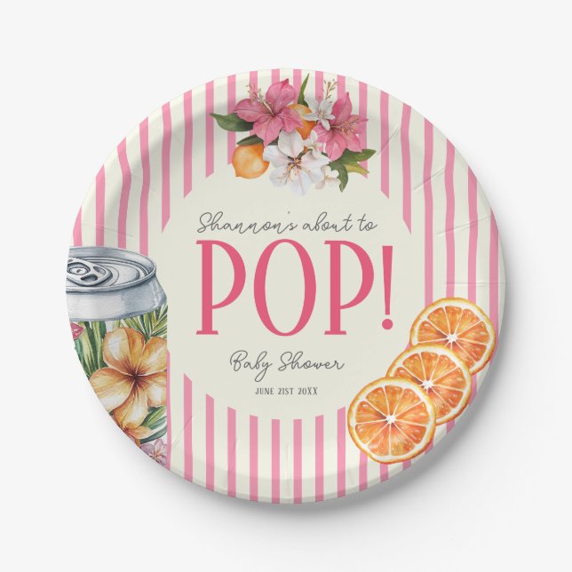 Platos de fiesta de bebé con raya rosa y POP de cí (Anverso)