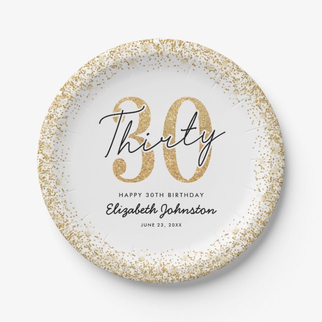 Platos de fiesta de cumpleaños 30 elegantes de oro (Anverso)