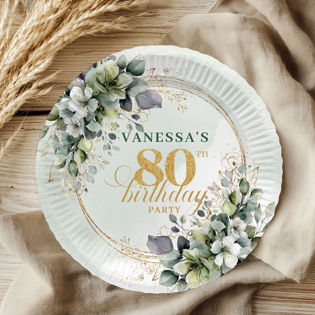 Platos de fiesta de cumpleaños 80 Botánica Verde D (Botanical Greenery Gold 80th Birthday Party Plates)