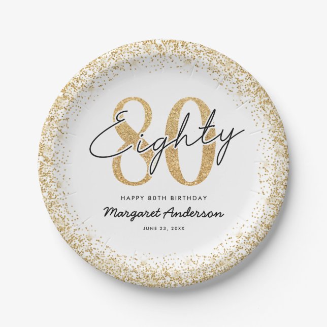 Platos de fiesta de cumpleaños 80 elegantes de oro (Anverso)