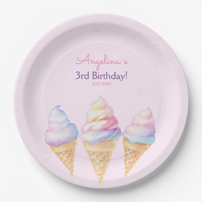 Platos de fiesta de cumpleaños con helado dulce. (Anverso)