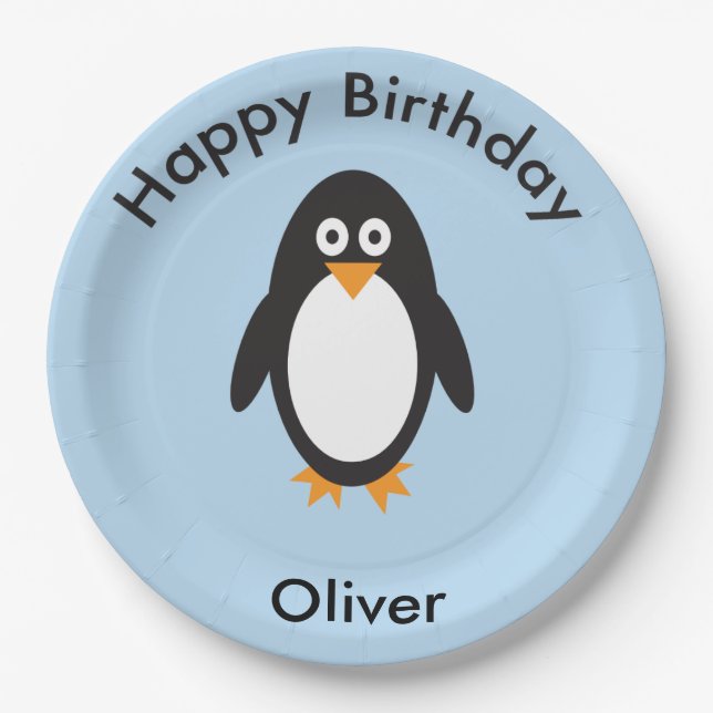 Platos de fiesta de cumpleaños con temática pingüi (Anverso)