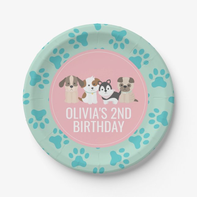 Platos de fiesta de cumpleaños de cachorro rosa hu (Anverso)