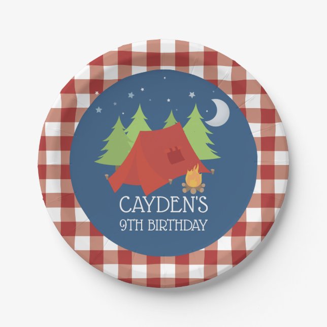 Platos de fiesta de cumpleaños de camping a cuadro (Anverso)
