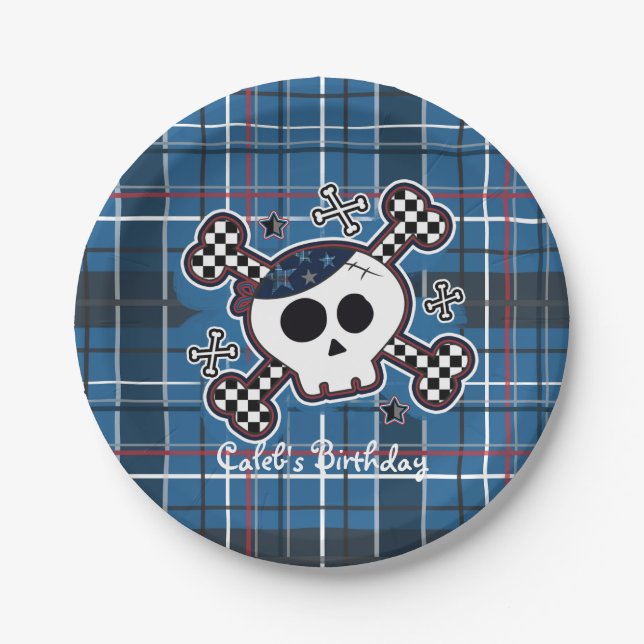 Platos de fiesta de cumpleaños de cuadros azules C (Anverso)