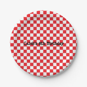 Platos de fiesta de cumpleaños de cuadros rojos y 