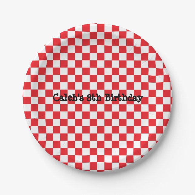 Platos de fiesta de cumpleaños de cuadros rojos y  (Anverso)