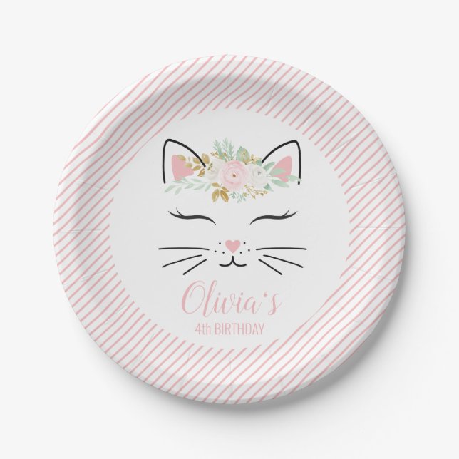 Platos de fiesta de cumpleaños de gatito floral ca (Anverso)