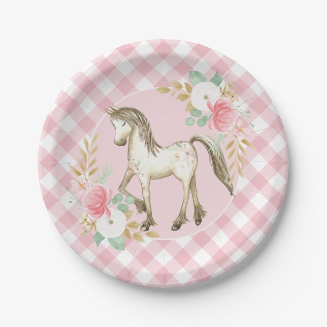 Platos de fiesta de cumpleaños de pony florales y  (Anverso)