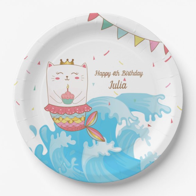 Platos de fiesta de cumpleaños de sirena de gato (Anverso)