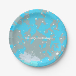 Platos de fiesta de cumpleaños grunge azul y gris 