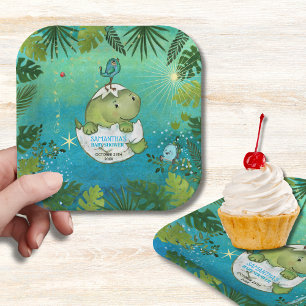 Platos de fiesta de dinosaurio verde acuarela