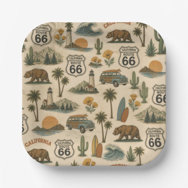 Platos de Fiesta de la Ruta 66 Retro California (Anverso)