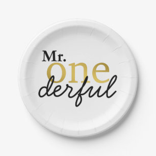 Platos de fiesta de negro y dorado Mr Onederful