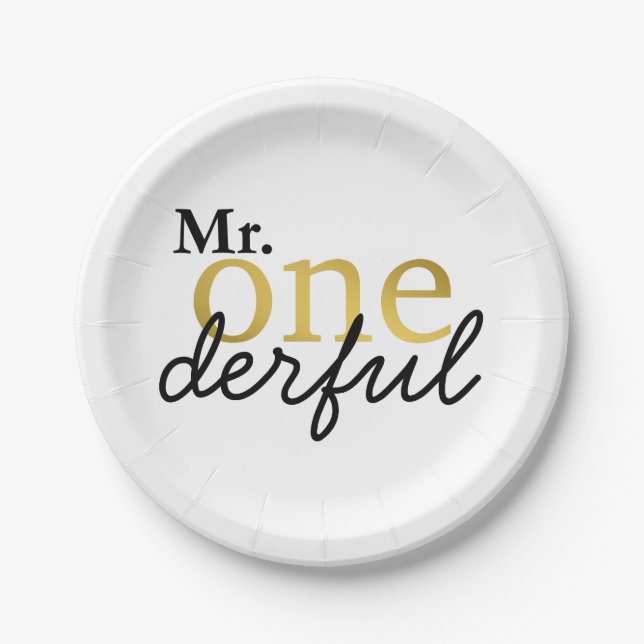 Platos de fiesta de negro y dorado Mr Onederful (Anverso)
