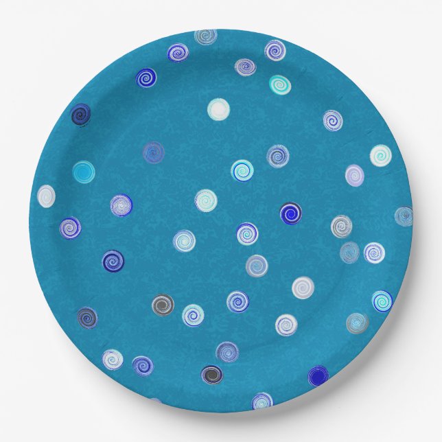 Platos de fiesta de papel azul con espirales de lu (Anverso)