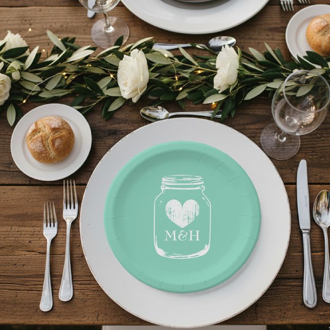 Platos de fiesta de papel de barro de moda rústica (mint green paper plate for wedding. Mason jar outline)